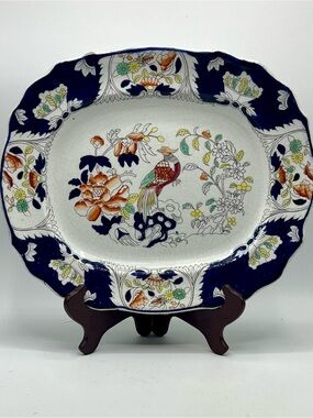 Antique Ironstone Platter, Chinoiserie Design, Imari, Polychrome Florals & Bird